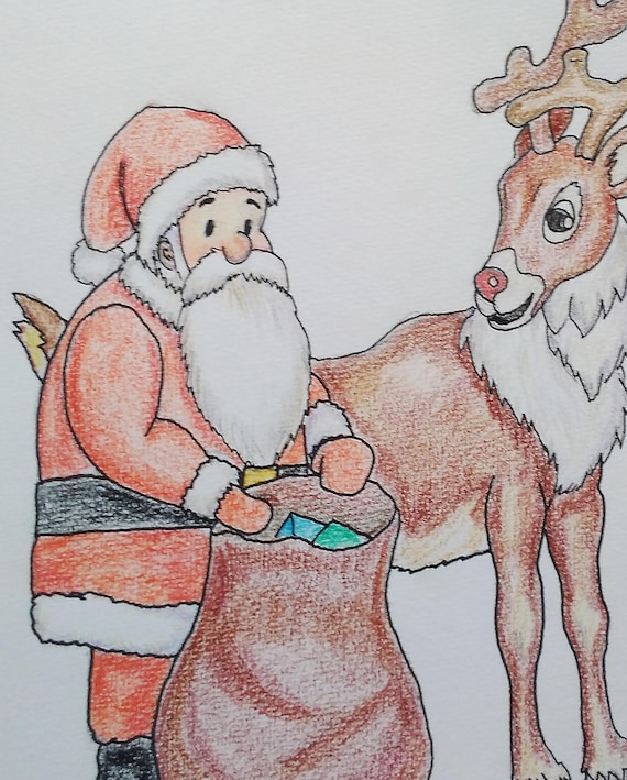 Original Christmas Themed Colored Pencils Drawing Santa Claus And A Rudolph Red Nosed Reindeer Illustration A4 Hand Drawn On Quality Paper