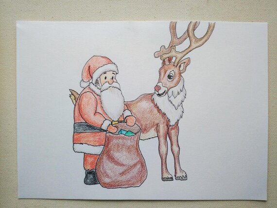 Original Noël Sur Le Thème Des Crayons De Couleur Dessin Père Noël Et Un Rouge Rudolph Au Nez Illustration Renne A4 Dessinés Sur Du Papier De Qualité