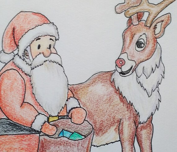 Original Christmas Themed Colored Pencils Drawing Santa Claus And A Rudolph Red Nosed Reindeer Illustration A4 Hand Drawn On Quality Paper