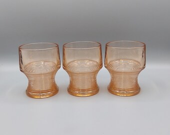 Three Pink Hazel Atlas Ribbed Georgian Glass Tumblers
