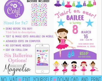 Editable Ballet Dancer Birthday Party Invitation, Twirl, Dance, Bright, Multiple Ballerina Options, 5x7 digital printable, Self Edit