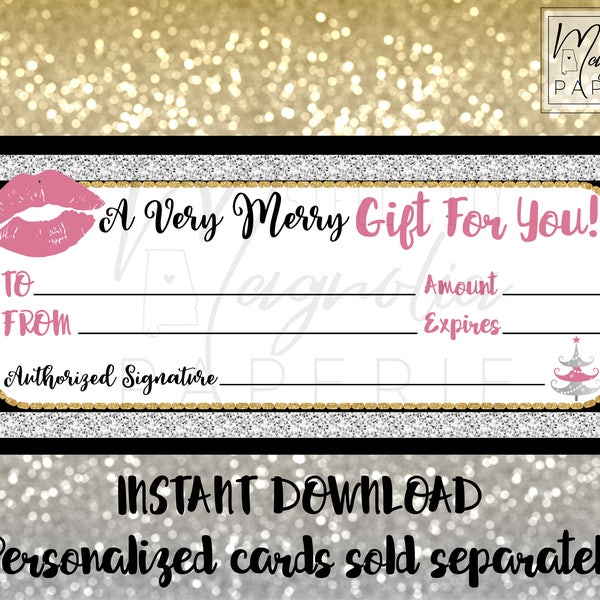 Holiday Gift Certificate Design, A Very Merry Gift Card, Silver Glitter Stripe, Gold, Mauve Pink, LipSense, Younique, digital printable