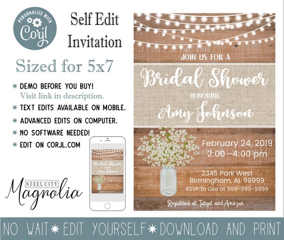 Burlap and Wood Rustic Bridal Shower Invitation-Rustic-Fall-Printable-Digital-5x7-Customizable