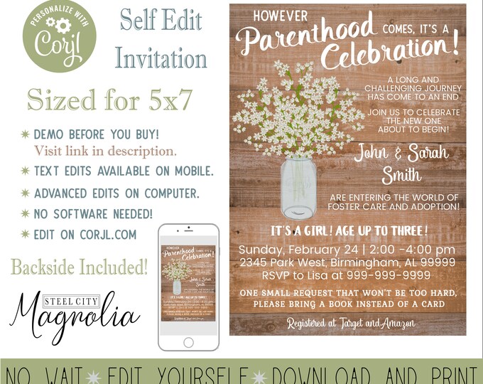 Editable Parenthood Adoption Foster Baby Shower Invite, Wooden Plank
