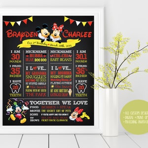 Mickey, Minnie, Twins, Twin,  Birthday Custom Chalkboard Poster Sign