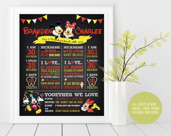 Mickey, Minnie, Twins, Twin,  Birthday Custom Chalkboard Poster Sign