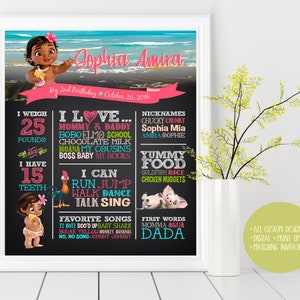 Op de afbeelding: Een bord in krijtbord-stijl met een cartoonfiguur uit de film Vaiana. Het bord staat "Sophia Amira" en bevat details over de leeftijd, het gewicht, de tanden, favoriete etenswaren en liedjes van het kind. Het bord is versierd met roze, blauwe en groene kleuren.