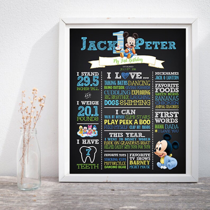 Baby Mickey Mouse First Birthday Custom Chalkboard Poster Sign Etsy