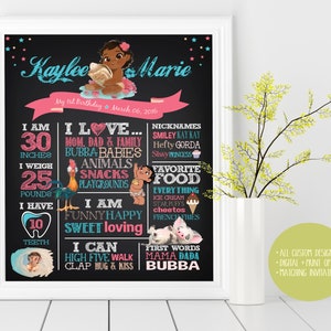 Op de afbeelding: Een krijtbord-stijl eerste verjaardagsteken voor een meisje genaamd Kaylee Marie. Het bord heeft een roze en blauwe kleurstelling met een Moana-thema. Het bevat details over haar leeftijd, lengte, gewicht en favoriete dingen. Het bord bevat ook een foto van het jarige kind.