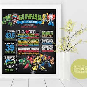 Puede incluir: Un cartel de cumpleaños estilo pizarra negra con temática de Transformers. El cartel dice "Gunnar, Mi 4to Cumpleaños, Establecido el 30 de agosto de 2014". Incluye detalles sobre la altura, el peso, las cosas favoritas y las canciones favoritas de Gunnar.