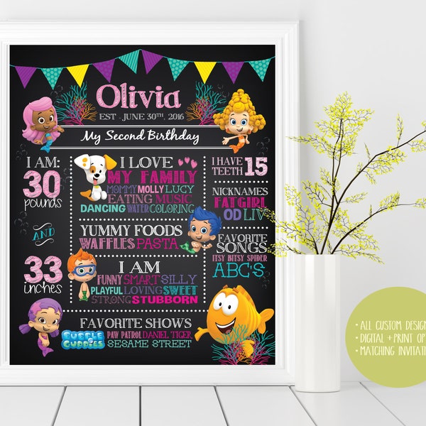 Bubble Guppies First Birthday Custom Chalkboard Poster Sign