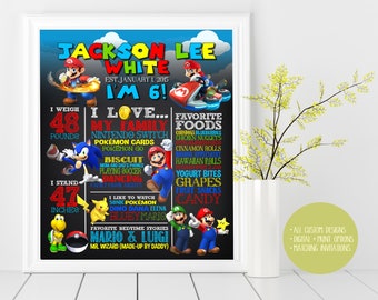 Mario Birthday Custom Chalkboard Poster Sign or Sonic, Mario Brothers, Luigi