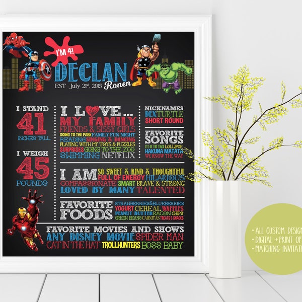 Avengers Super Heroes Superhero Birthday Custom Chalkboard Poster Sign