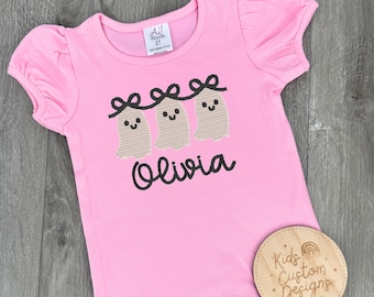 Personalized Halloween Shirt | Embroidered Ghost with Name, Pink Puff Sleeve