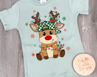 Boy Christmas Shirt | Cute Reindeer with Lights T-Shirt | Toddler Holiday Outfit | Kids Christmas Eve Box Gift | Sage Green Festive Tee