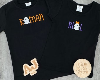 Personalized Halloween T shirt Embroidered with Name, Ghost Halloween Name Shirt