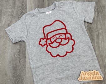 Kids Santa Shirt – Red Outline Embroidered Santa Face Christmas Shirt – Matching Sibling Holiday Outfit – Toddler & Youth Christmas Tee