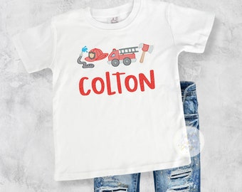 Personalized Firefighter Birthday Shirt for Boys, Custom Embroidered Fire Truck Tee, Boys Birthday Outfit, Fireman Kids Party Shirt