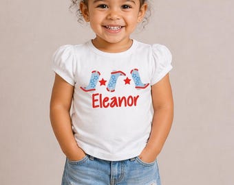 Girls Embroidered Cowboy Boots 4th of July Shirt - Personalized Patriotic Tee