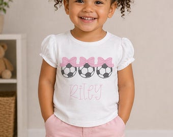 Girls Personalized Soccer Shirt – Embroidered Soccer Ball with Bows, Puff Sleeve Tee