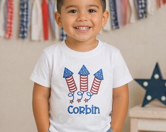 Boys Personalized Fireworks Fourth of July Shirt, Embroidered Patriotic Toddler Tee