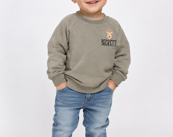 Kids Christmas Sweatshirt, Embroidered Reindeer Crewneck, Toddler Christmas outfit