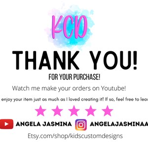 May include: White card with the text "THANK YOU!" in bold black letters. The card also includes the text "FOR YOUR PURCHASE!" and a call to action to watch videos on YouTube. The Etsy shop name and social media handles are also included.