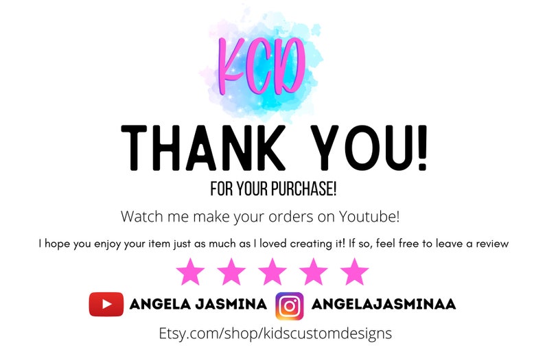 May include: White card with the text "THANK YOU!" in bold black letters. The card also includes the text "FOR YOUR PURCHASE!" and a call to action to watch videos on YouTube. The Etsy shop name and social media handles are also included.