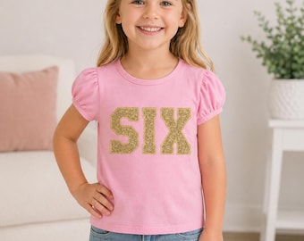 Custom Girls Embroidered Birthday Shirt, Custom Glitter Age, FOUR FIVE SIX