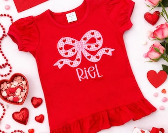 Personalized Valentines Day Shirt, Girls Bow Embroidered Shirt