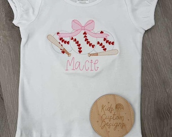 Girls Baseball Shirt with Pink Bows | Embroidered Baseball & Bat Shirt | Toddler Baseball Shirt | Girls Game Day Outfit | Spring Sports Tee