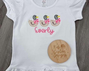 Personalized Girls Duck Shirt with Pink Bows | Embroidered Duck Shirt | Custom Name Shirt | Cute Farm Duck | Girls Embroidered Animal Shirt