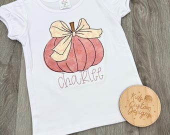 Personalized Pink Pumpkin Shirt for Girls – Embroidered Fall Shirt – Toddler & Kids Autumn Outfit – Puff Sleeve Pumpkin Top