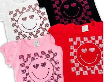 Checkered Happy Face Kids Shirt, Spangle Heart Eyes