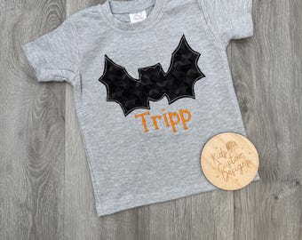 Personalized Bat Halloween Shirt for Boys – Custom Embroidered Toddler Shirt – Kids Fall Outfit with Name