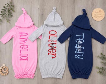 Embroidered Baby Gown & Knot Hat Set | Newborn Coming Home Outfit | Custom Baby Gift