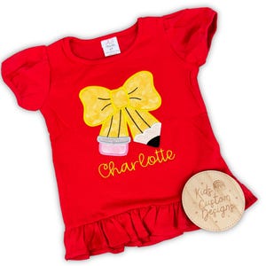 Personalized Pencil Bow Shirt - Embroidered Girls Back to School Shirt - Custom Name Ruffle Shirt - ToddlerSchool Shirt - Teacher Meet Shirt