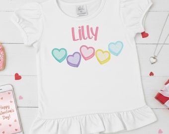 Personalized Candy Hearts Valentines Day Shirt, Girls Embroidered Shirt