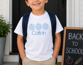 Kids Back To school shirt, Boys First day of school Tee, Embroidered Apple shirt