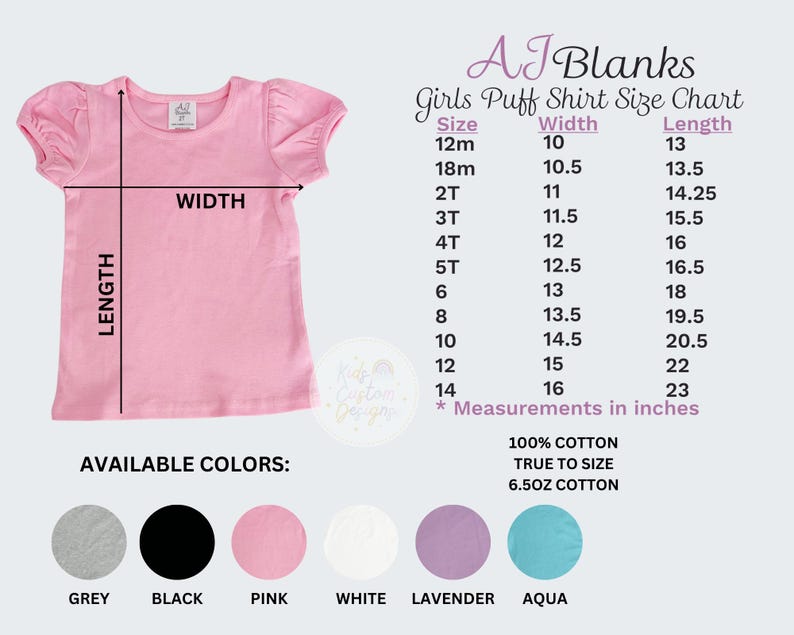 May include: Size chart for girls' puff shirts with short sleeves. The chart shows sizes from 12 months to 14 years, with corresponding width and length measurements in inches. The chart is labelled "AJ Blanks Girls Puff Shirt Size Chart". The image also shows a pink shirt with short sleeves and a puff sleeve design. The image also shows six colour swatches: grey, black, pink, white, lavender, and aqua.