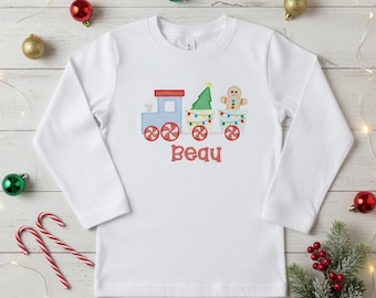 Personalized Christmas Train Shirt for Boys – Embroidered Gingerbread Train with Tree – Custom Name Holiday Shirt – Toddler Christmas Outfit