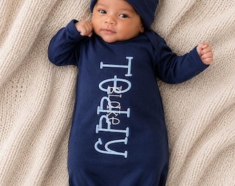 Personalized Embroidered Baby Gown & Knot Hat Set | Newborn Coming Home Outfit | Custom Baby Gift