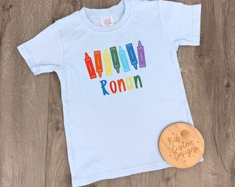 Personalized Crayon Embroidered Shirt - Back to School Kids Shirt - Boys or Girls Crayon Name Shirt - Preschool Kindergarten Shirt