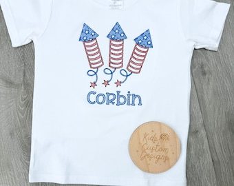 Boys Personalized Fireworks Fourth of July Shirt, Embroidered Patriotic Toddler Tee