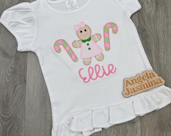 Personalized Gingerbread Girl Christmas Shirt for Kids – Candy Cane Embroidery – Custom Name Holiday Shirt – Toddler & Girl Christmas Outfit