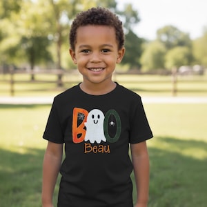 Personalized Boo Halloween Shirt for Boys – Embroidered Ghost Shirt with Name – Toddler & Kids Fall Outfit