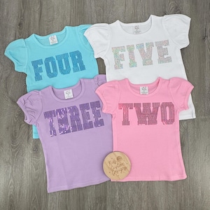 May include: Four colorful children's t-shirts in light blue, white, lavender, and pink. Each shirt has a number spelled out in sparkling rhinestones: FOUR, FIVE, THREE, and TWO. The shirts have short, puffed sleeves and a round neckline.