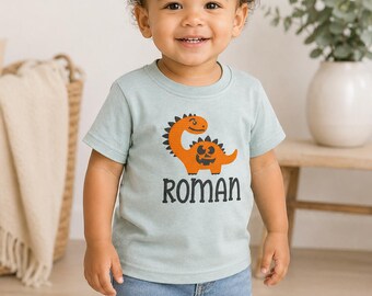 Personalized Embroidered Dinosaur Halloween Shirt – Kids Pumpkin Dino Name Toddler Fall