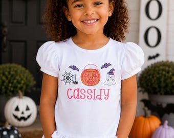 Girls Halloween Embroidered Shirt, Personalized Pumpkin spiderweb Ghost Tee