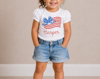 Girls Embroidered Flag Shirt, Personalized Independence Day Toddler Tee